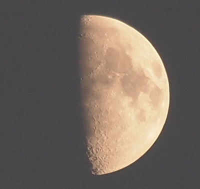 [The right half of the moon is light while the left half is in darkness. Because of the change in tilt, more of the ridges and canyons which were near the shadow in the prior photo are now visible.]